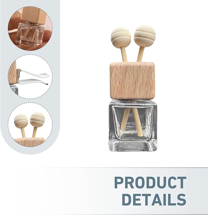 2 PCS Car Air Vent Diffuser Clips, Refillable Empty Glass with Wooden Cap, Straight Outlet Diffuser Ornament with Secure Back Clip, Universal Decorative Accessory for Cars (Transparent)