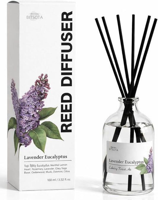 Reed Diffuser Set for Bathroom & Home, Long Lasting Essential Oil Aroma, Glass Bottle Home Fragrance with Sticks, Ideal Gift for Woman, 3.52oz (100ml) (Lavender Eucalyptus)