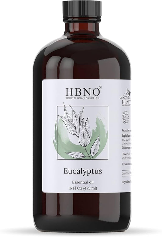 HBNO Eucalyptus Oil - 16 oz (475ml) Large Size - Ideal for Shampoos, Conditioners, Mouth Washes, Face wash, Lotions, and Skin Care Products.