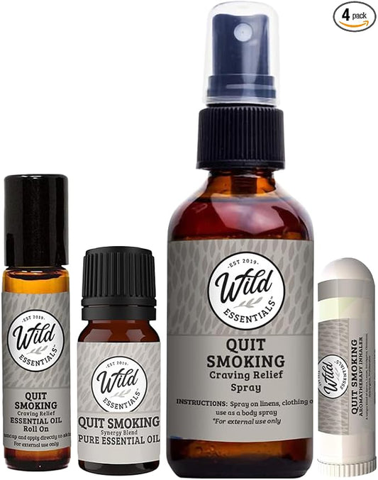 Quit Smoking Nasal Inhaler, Roll On, Spray and Essential Oil, 4 Piece Set, Stop Smoking Aid, Helps Relieve Cravings, Soothes Lungs