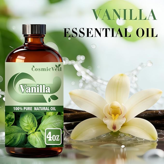Vanilla Essential Oil Vanilla Oil for Aroma Diffuser,Humidifier,Home Fragrance,Cleaning,Body Care,Massage,Yoga,DIY Candle,DIY Soap CosmicVeil（Vanilla，4 Fl Oz (Pack of 1)）