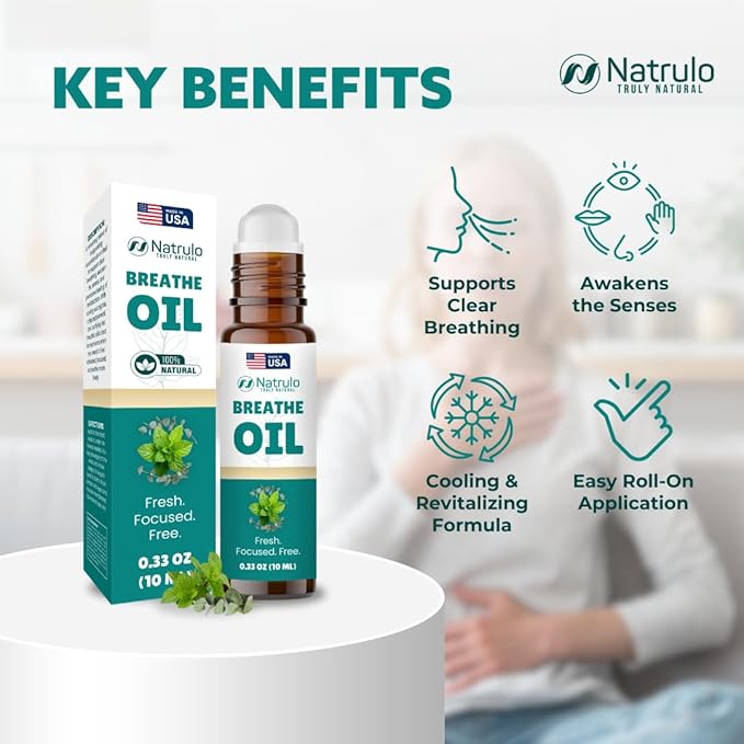 Breathe Essential Oil Roll On – Natural Peppermint Oil & Eucalyptus Oil for Skin – Refreshing Aromatherapy Essential Oil Roller to Support Clear Breathing, Focus & Revitalization – 10 ml, Made in USA