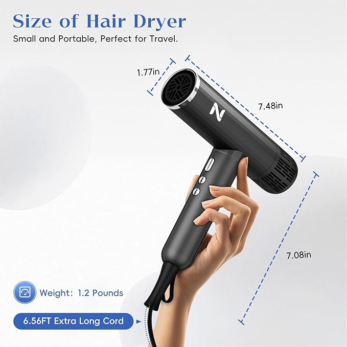 Natrial Ionic Professional Hair Dryer with Diffuser for Curly Hair,1600W&110000RPM High Speed Blow Dryer for Women,Fast Drying,Lock Function,Low Noise,Lightweight for Home Travel Salon,Medium Gray