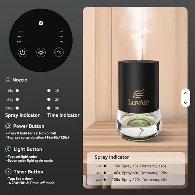 LuvAir Waterless Home Diffuser – Rechargeable Cordless Aromatherapy Machine for Large Rooms, Adjustable Mist, Essential Oil Diffuser for Home & Office (Black)