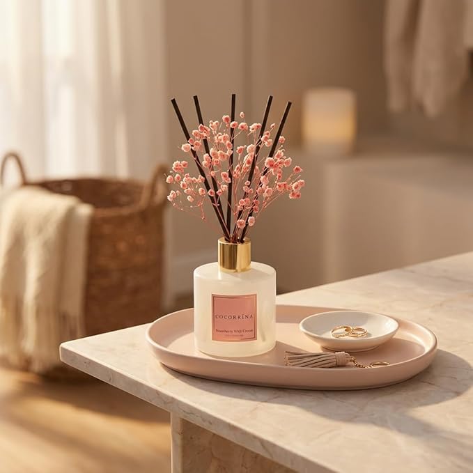 COCORRÍNA Reed Diffuser - Strawberry with Cream 6.7 fl oz Reed Diffuser with Sticks, Bedroom Bathroom Shelf Decor