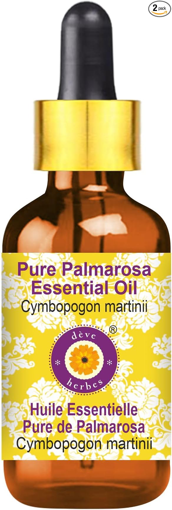 Deve Herbes Pure Palmarosa Essential Oil (Cymbopogon martinii) with Glass Dropper Steam Distilled 15ml (0.50 oz)