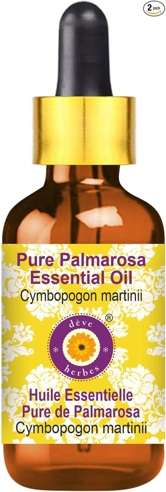 Deve Herbes Pure Palmarosa Essential Oil (Cymbopogon martinii) with Glass Dropper Steam Distilled 15ml (0.50 oz)