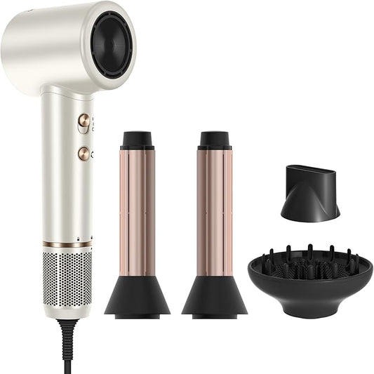 PARWIN PRO BEAUTY Air-Sonic Hair Dryer with Diffuser, HD-LED Display & 110, 000 RPM High Speed Ionic Blow Dryer, 1 1/4 Inch Left & Right Air Auto-Wrap Curlers, Champagne Silver Professional Version