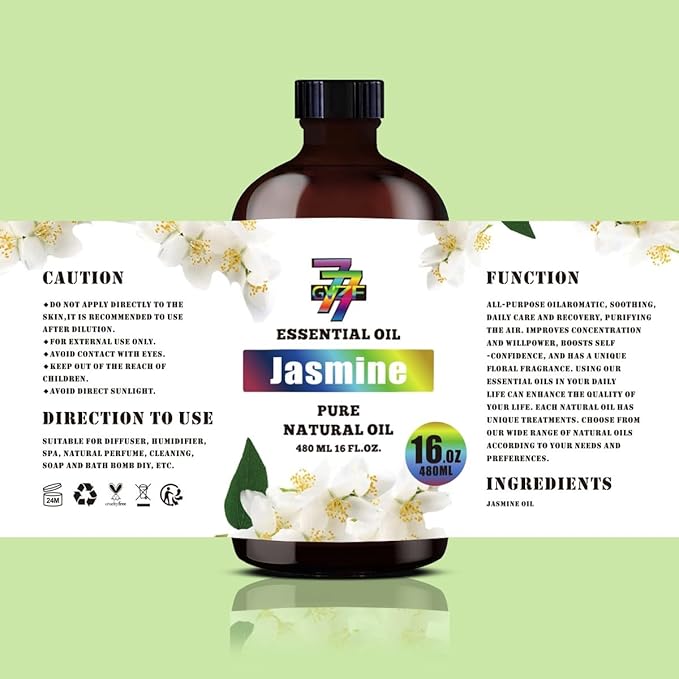 Jasmine Essential Oil - GV77ZF Jasmine Oils for Diffusers, Humidifiers, DIY Candles, Soap, Cleaning, Home, Office, Yoga, Massage, Gifts - 16 fl oz (480 ml)