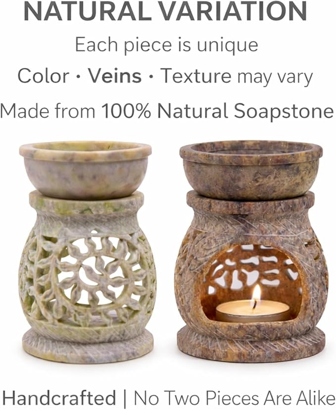Marble Soapstone Candle Aroma Burner | Oil Diffuser | Tea Light Holder | Wax Burner- Handmade Flower Carving for Gifting & Decoration | Decorative Home and Office Decor.