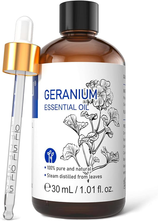 HIQILI 30ML Geranium Essential Oil， for Skin, Diffuser & Candle, 100% Pure and Natural - 1.01 Fl.Oz
