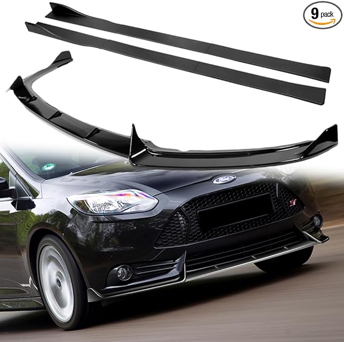 Q1-TECH, 9PCS Front Bumper Lip & Side Skirt Extensions Diffuser Compatible with 2012-2014 Ford Focus ST Hatchback Models, Front Bumper Lip Spoiler Air Chin Body Splitter ABS (Painted Black)