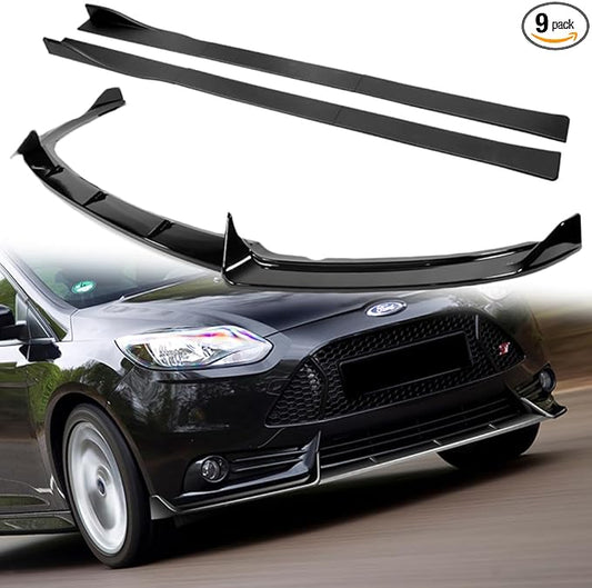 Q1-TECH, 9PCS Front Bumper Lip & Side Skirt Extensions Diffuser Compatible with 2012-2014 Ford Focus ST Hatchback Models, Front Bumper Lip Spoiler Air Chin Body Splitter ABS (Painted Black)