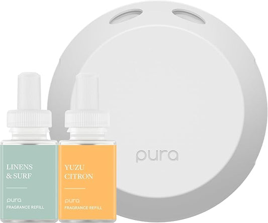 Pura Smart Home Fragrance Device Starter Set - Pura 4 - Scent Diffuser for Home - Includes Fragrance Aroma Diffuser - Square Box, Linens & Surf and Yuzu Citron Scent Refills