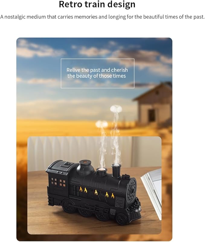 Vintage Steam Train Essential Oil Diffuser 300ml, Retro Train Flame Aromatherapy Humidifier with Dual-Color LED Light, Two Mist Modes, Auto Shut-Off & Quiet Operation, Large Room Diffuser Home Decor