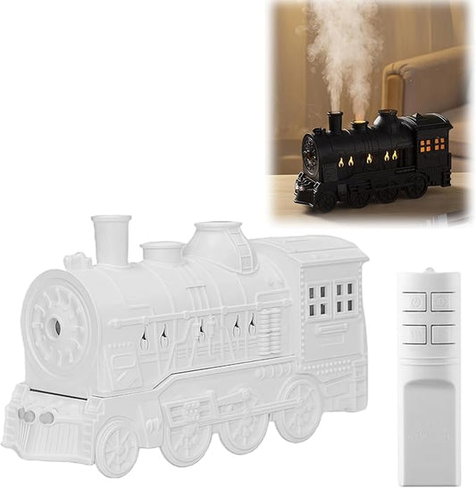300ML Vintage Train Diffuser & Cool Mist Humidifier with Steam Effect, Remote Control, Dual Modes & Warm Blue LED Light (White, With remote control)
