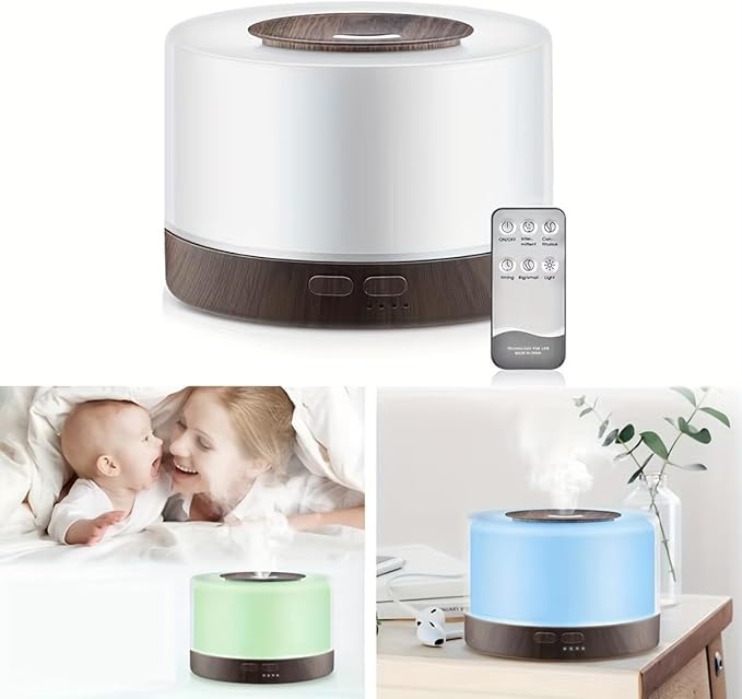Remote Control Essential Oil Diffuser with LED Lights, Wood Grain Base, 500ml Aromatherapy Humidifier, 5.7x6.6 Inch, Timer Settings