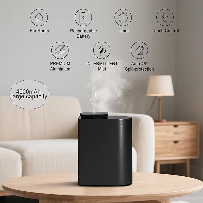 Waterless Essential Oil Diffuser with 8 Color LED Night Light, 3 Mist Levels & Timers, Portable Rechargeable Aromatherapy Diffuser for Home Car Room Studio Office, Metal (Black-100ml)