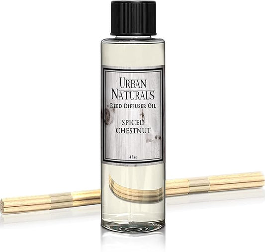 Urban Naturals Spiced Chestnut Oil Reed Diffuser Refill with Free Set of Reed Sticks – Comforting Autumn Scent of Chestnuts, Cinnamon, Clove and Cedar Wood – Vegan, 4 oz, Made in the USA