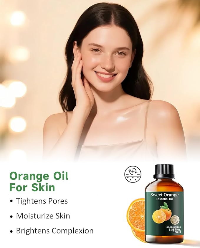 Orange Essential Oil, Pure Sweet Orange Oil Mumianhua Cold-Pressed Aromatherapy Oil for Uplifting Diffuser & Natural Cleaning, Skin-Safe for DIY Perfume, Soap & Candle Making, 3.38 Fl Oz