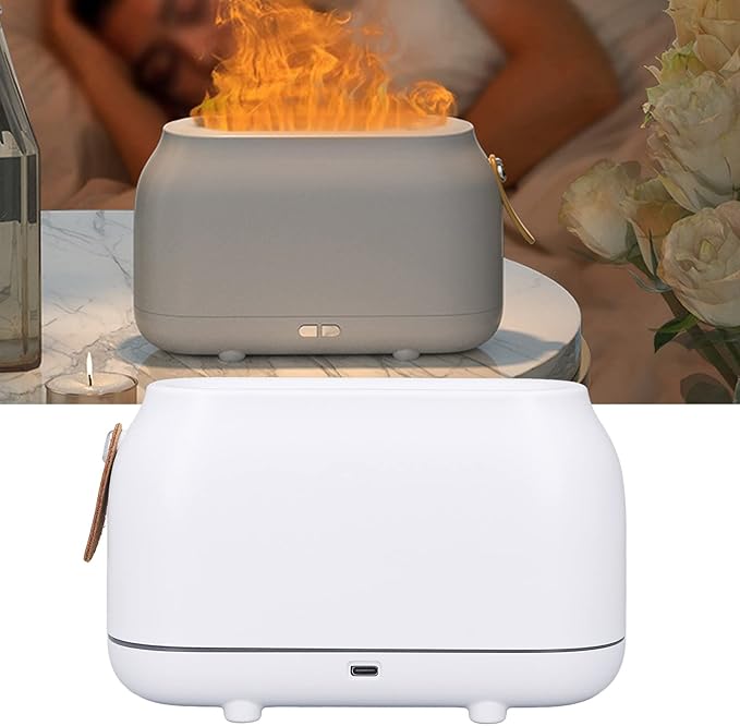 180ml Flame Humidifier, Humidifier with Flame Light, USB Powered Mist Diffuser with Realistic Flame Effect and Dual Mode Rainbow Lighting for Bedroom Office Car, White