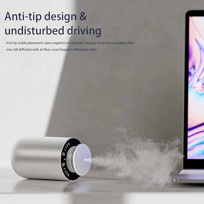 Waterless Essential Oil Diffuser, Smart Car Diffuser, Auto On/Off, Rechargeable Hotel Scent Diffusers with 4 Mist Levels & Timers, Portable Aromatherapy Diffuser for Home, Room, Studio Office, Silver