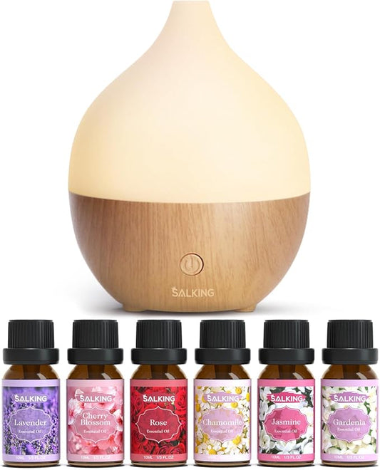 SALKING Aromatherapy Diffuser & Floral Essential Oils Set, 100ml Diffuser Ultrasonic Diffuser Cool Mist Humidifier with 8 Colors Light, Waterless Auto Off for Home Office