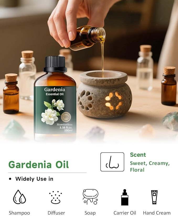 Gardenia Essential Oil, Pure Gardenia Oil Mumianhua Natural & Undiluted for Diffuser, Natural Perfume, Skin & Hair Care, DIY Soap & Candle Making, 3.38 Fl Oz
