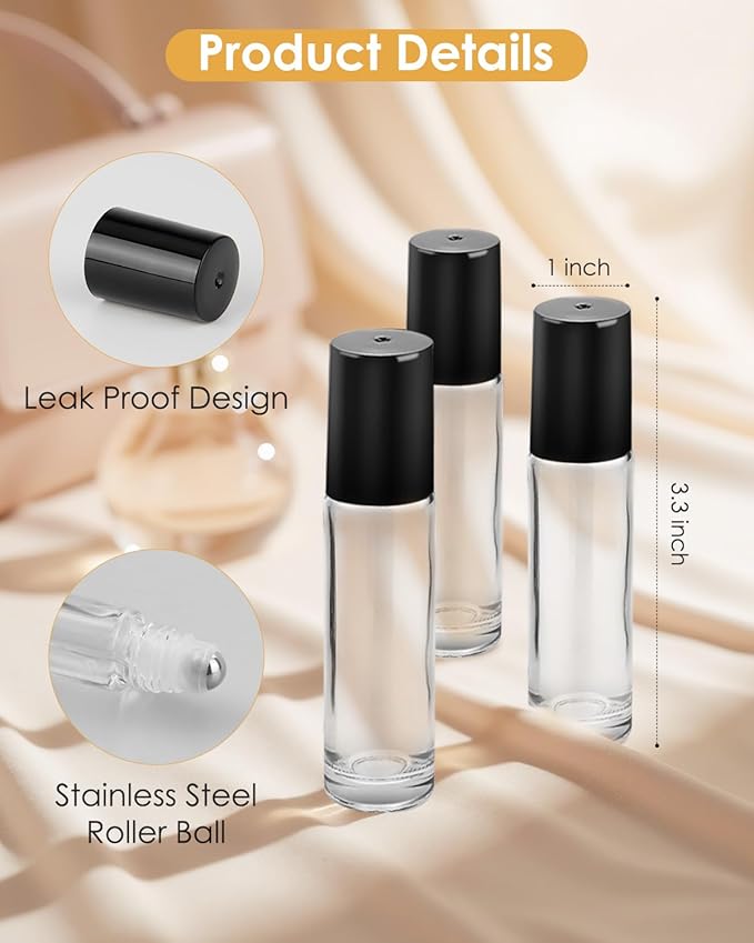Worldgsb 25 Pack Essential Oil Roller Bottles, 10ml Refillable Clear Glass Roller Bottles with Stainless Steel Roller Balls and Caps for Travel, Perfume and Lip Gloss