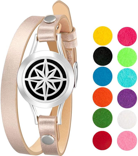 Wild Essentials Nautical Star Essential Oil Bracelet Diffuser, Leather Wrap Band, Stainless Steel Locket Pendant, 12 Color Refill Pads, Customizable Color Changing Perfume Jewelry for Aromatherapy