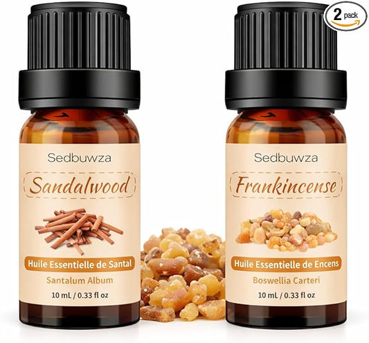 Sedbuwza Sandalwood Frankincense Essential Oil Set, Sandalwood Fragrance Oil Frankincense Scent Oil Set for Diffuser, Aromatherapy, Massage, Soap, Candle Making 2 x 10 ml