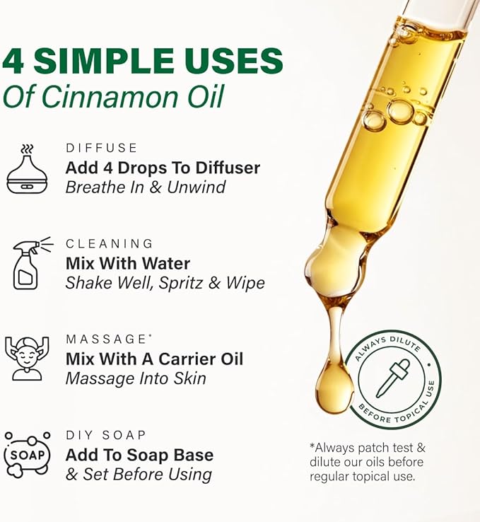 100% Pure Cinnamon Oil - 4 Fl Oz Cinnamon Essential Oil for Hair, Skin, Diffuser, Aromatherapy & DIY Soap Making Scent