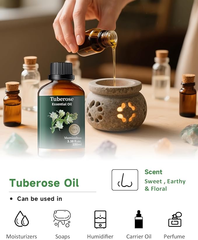 Tuberose Essential Oil, Pure Tuberose Oil Mumianhua Extravagant Perfumer's Essence Floral Oil for Reed Diffuser, Natural Perfume & Skin Elixir, Hair, Candle Making 3.38 Fl Oz
