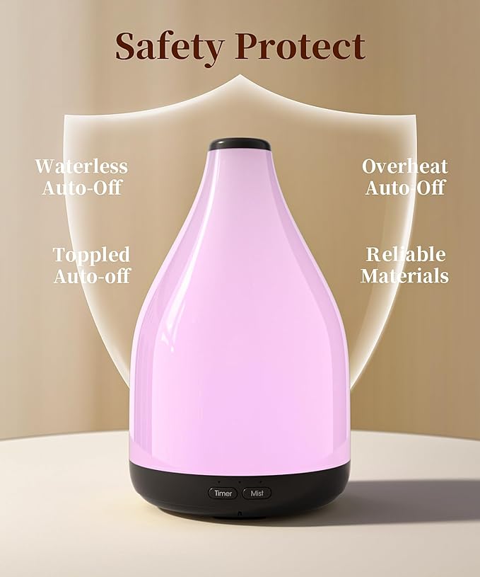 300ML Essential Oil Diffuser, Quiet Aromatherapy Diffuser Mist Humidifier with 7 Colors Light, Auto-Off, 1H/3H/6H Timer, Ultrasonic Room Scent Diffuser for Home, Office, Black (No Remote)