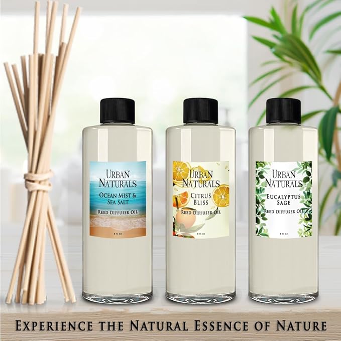 Urban Naturals Reed Diffuser Oil Refill Lavender Sandalwood with Golden Amber, Exotic Woods, Patchouli 8 oz + Free Reed Sticks, Made in the USA
