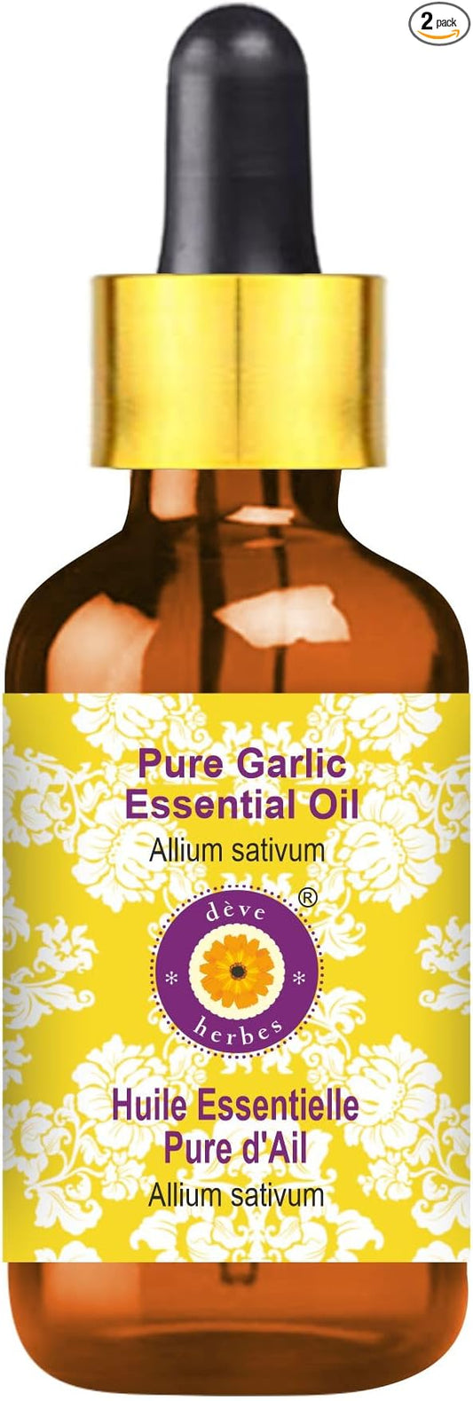 Deve Herbes Pure Garlic Essential Oil (Allium sativum) with Glass Dropper Steam Distilled 30ml (1 oz)