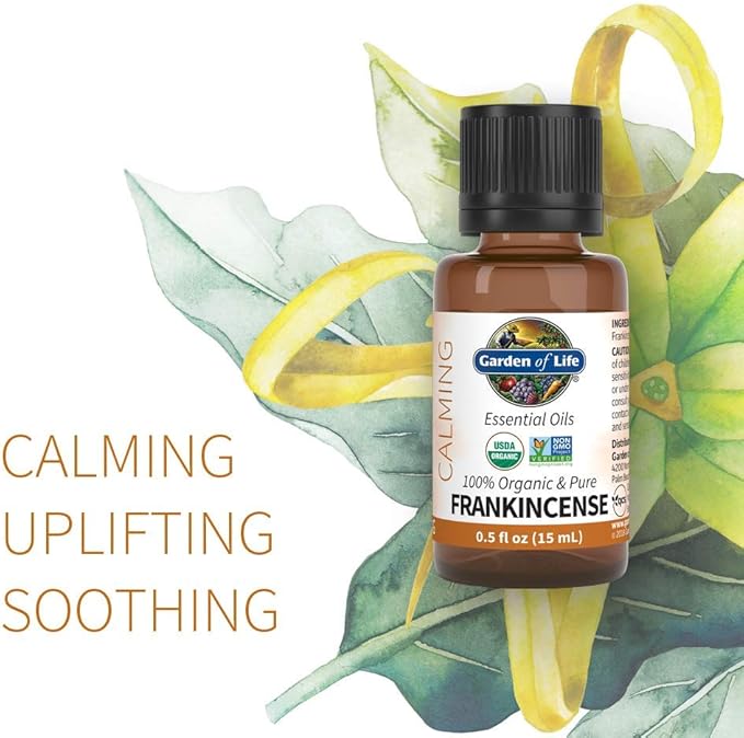 Garden of Life Essential Oil, Frankincense 0.5 fl oz (15 mL), 100% USDA Organic & Pure, Clean, Undiluted & Non-GMO - for Diffuser, Aromatherapy, Meditation, Skincare - Calming, Uplifting, Soothing