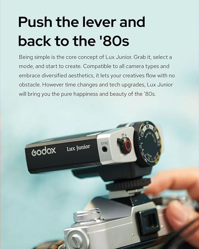 Godox Lux Junior Retro Camera Flash with Diffuser, Speedlite GN12 6000K±200K CCT, Automatic and Manual Modes 1/1-1/64 Flash Power, 28mm Focal Length for Canon Nikon Sony Fuji Olympus Hot Shoe Cameras