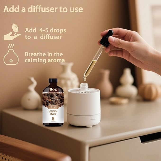 Myrrh Essential Oil – MLYNKL Myrrh Oils 8.33 fl oz for Diffusers, Humidifiers, Massage, DIY Candles, Soap, Cleaning, Home, Yoga, Office, Gifts - 250 ml