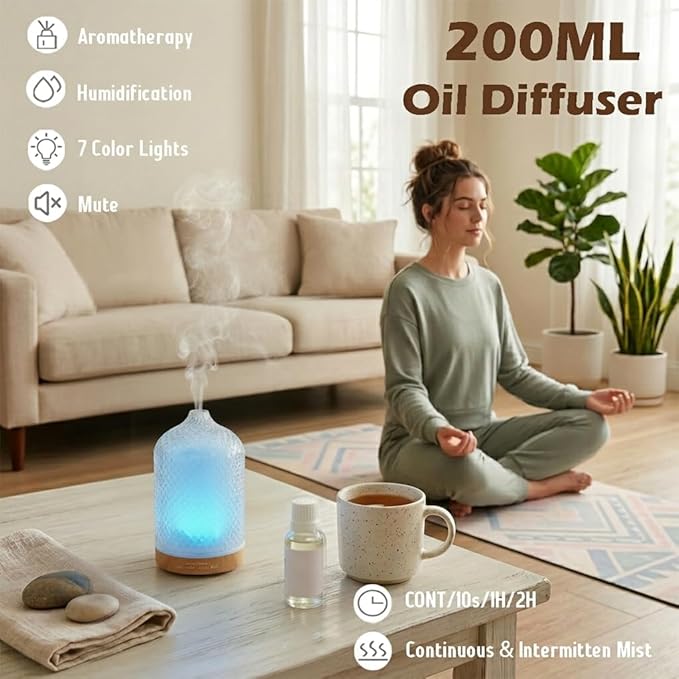 Diffuser with 3 Essential Oils,Glass Aroma Diffusers,200ml Small Humidifier with Timer,7 ED Color Lights,Waterless Auto Shut-Off for Office Home Room Decor Gifts for Women