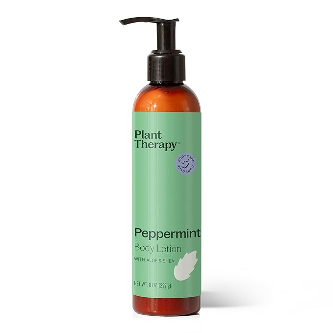 Plant Therapy Peppermint Body Lotion with Aloe and Shea, Hydrate and Nourish Skin with Botanical Ingredients, 8 oz