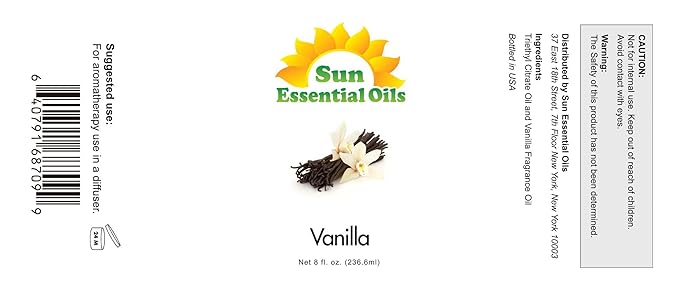 Sun Essential Oils - Vanilla Essential Oil 8 oz with Dropper for Diffuser, Skin, Hair, Humidifier & Aromatherapy Massage, Scent for Candle, Lotion & Soap Making & Room Freshener