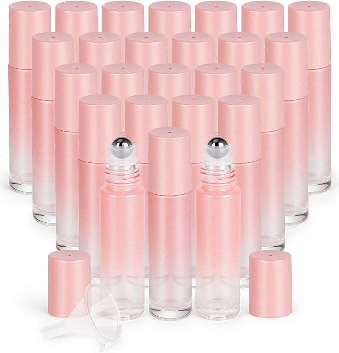 Worldgsb 25 Pack Essential Oil Roller Bottles, 10ml Refillable Glass Roller Bottles with Stainless Steel Roller Balls and Caps for Travel, Perfume and Lip Gloss Pink Gradient