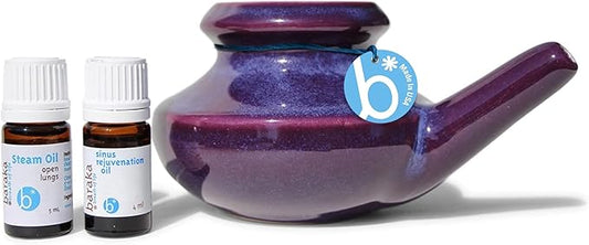 Baraka Breathe Easy Kit - Ceramic Neti Pot, 4ml Sinus Rejuvenation Oil for Sinus Relief & 5ml Steam Oil to Open Lungs, Aromatherapy & Allergy Relief, Essential Oils Blend, Light & Easy to Use - Purple