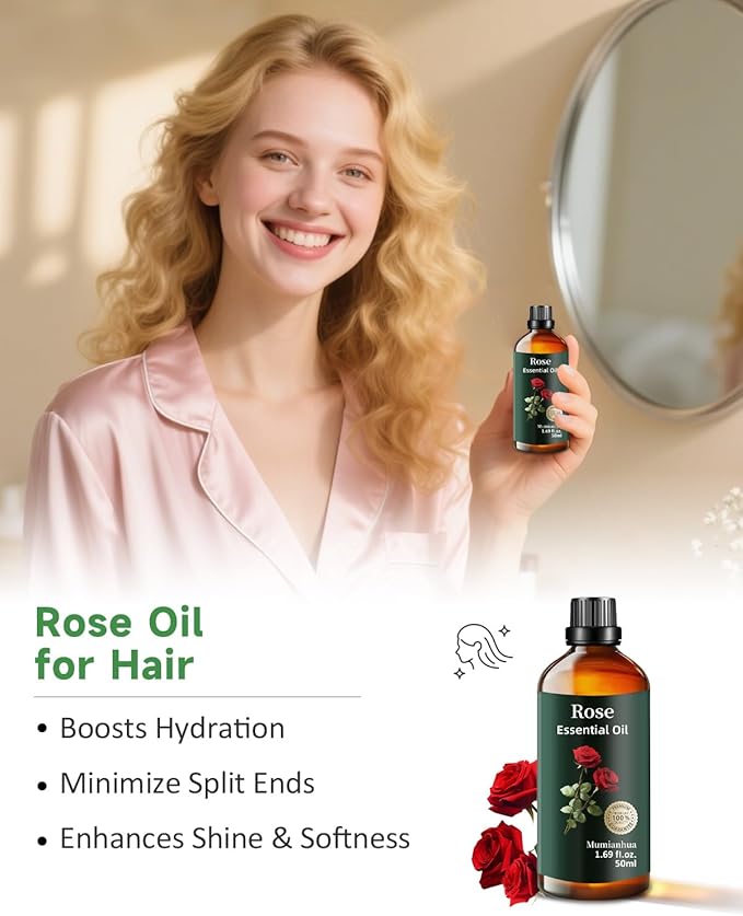 Rose Essential Oil, Pure Rose Oil Mumianhua Natural Floral Oil for Reed Diffuser, Air Freshener, Aromatherapy, Relaxation, Skin, Massage, Hair, Cologne, Candles Making, Evening Wellness 1.69 Fl Oz