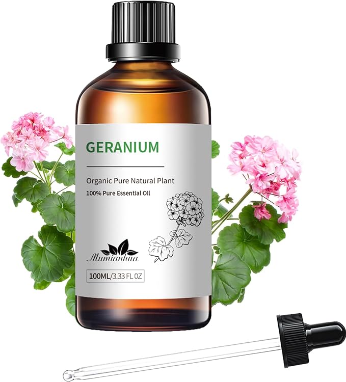 Geranium Essential Oil, Mumianhua Pure Rose Geranium Oil for Balanced Skin & Mood Harmony, Floral Relaxation Oil for Diffuser, Night Routine & DIY Skin, Hair, 3.38 Fl Oz