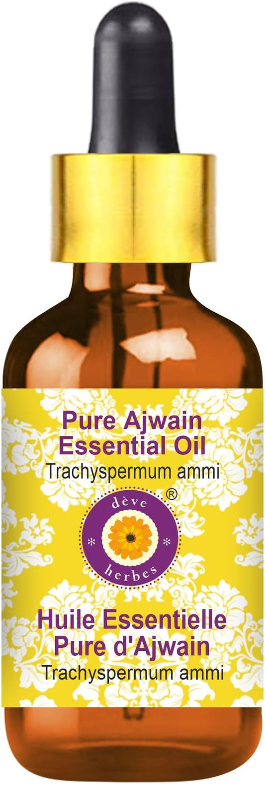 Deve Herbes Pure Ajwain Essential Oil (Trachyspermum ammi) with Glass Dropper Steam Distilled 5ml (0.16 oz)