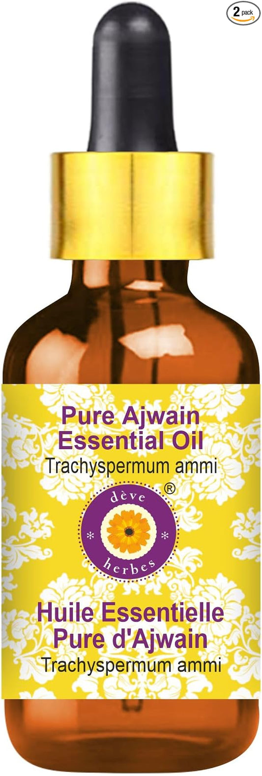 Deve Herbes Pure Ajwain Essential Oil (Trachyspermum ammi) with Glass Dropper Steam Distilled 100ml (3.38 oz)