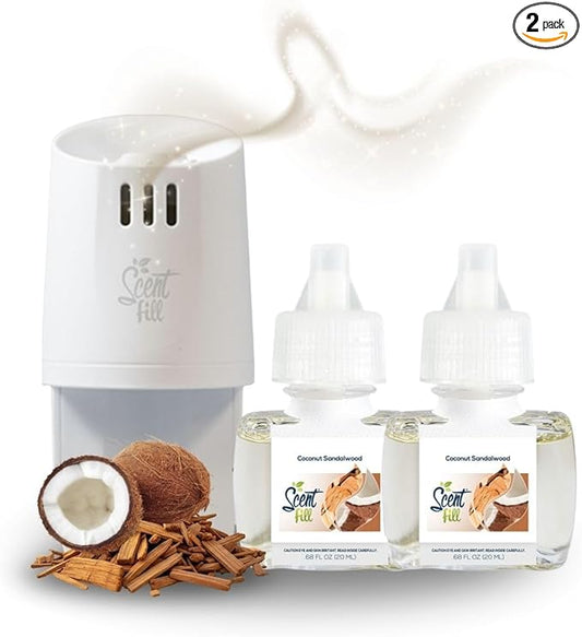 Scent Fill Coconut Sandalwood Plug in Air Freshener, Scented Oil Refills, 2 Refills + Diffuser