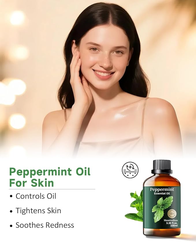 Peppermint Essential Oil,Mumianhua Pure Peppermint Oil, Steam-Distilled for Energy Focus & Soothing, Cooling Relief Oil for Diffuser, Skin,Hair & Natural Cleaning, 3.38 Fl Oz